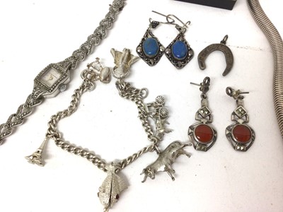 Lot 31 - Victorian silver cuff bangle, silver necklace, silver and marcasite jewellery etc