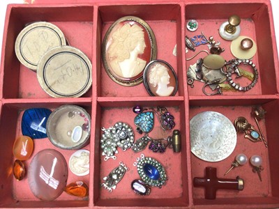 Lot 32 - Group of unmounted semi precious gem stones, Georgian clasp and other paste set clasps, two silver mounted cameo brooches, pair cultured pearl earrings and other bijouterie