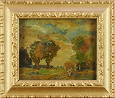 Lot 1049 - *Peggy Somerville (1918-1975) oil on board, 'The Last Load', signed and dated 1929, 24cm x 30cm, in glazed gilt frame