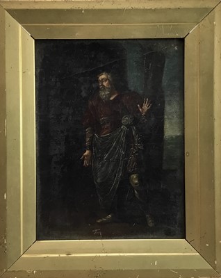 Lot 1 - Antique oil on board - captive man in chains, 16cm x 21cm, framed (23.5cm x 29cm overall)