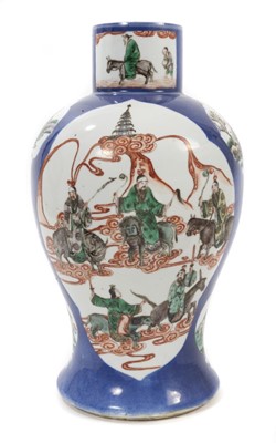 Lot 120 - Chinese porcelain baluster vase, 19th century, decorated with figural panels in famille verte enamels, on a powder blue ground, four-character mark to base, 36cm high
