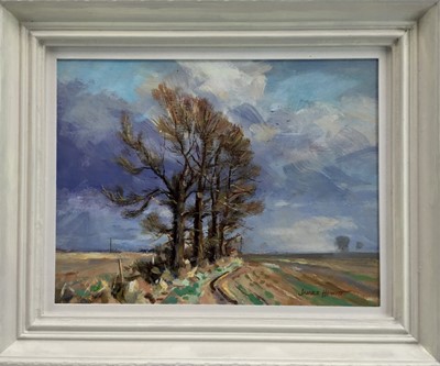 Lot 8 - James Hewitt (b. 1934) oil on card - 'The Last of the Elms', signed, titled and inscribed verso 'framed 2015', 32cm x 24.5cm, in painted wooden frame.