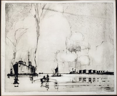 Lot 42 - Frank Mason (1876-1965) signed black and white etching - shipping and other craft, 38cm x 45cm, mounted