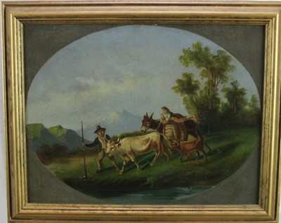 Lot 1219 - Continental School, 19th century, pair of oils on canvas laid on panel - Herders and Livestock in Mountainous Landscapes, 39cm x 52.5cm, in gilt frames
