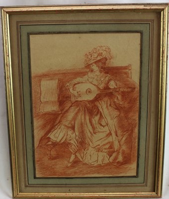 Lot 1220 - Manner of Louis Rolland Trinquesse (1745/6-1799) red chalk on paper - The Musician, 29cm x 21cm, in ink and wash mount and gilt frame