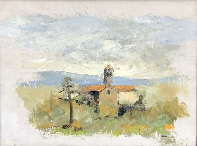 Lot 33 - David Walsh oil on canvas - 'Church of Madonna del Bagno, Cortona Tuscany', with Ebury Galleries exhibition card 1998