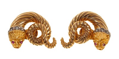 Lot 505 - Pair of Lalaounis gold diamond and ruby earrings
