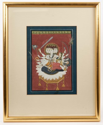 Lot 765 - 18th / 19th century Indian School, gouache depiction of a five-headed goddess, seated on a throne, 29 x 22cm