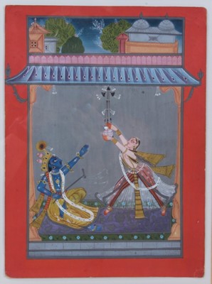 Lot 766 - 18th / 19th century Indian School gouache depiction of Vishnu and an attendant, 26 x 20cm, glazed frame