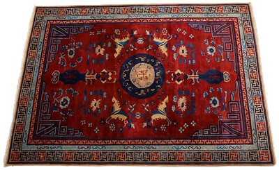 Lot 1439 - Fine quality antique Chinese Khotan carpet, with auspicious symbols on scarlet ground, within geometric borders, 264 x 185cm