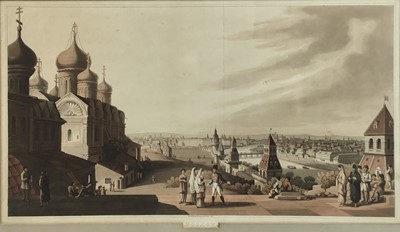 Lot 40 - Early 19th century hand coloured aquatint - Moscow, published by R. Bowyer, Pall Mall, 1816, 30cm x 53cm, in glazed frame