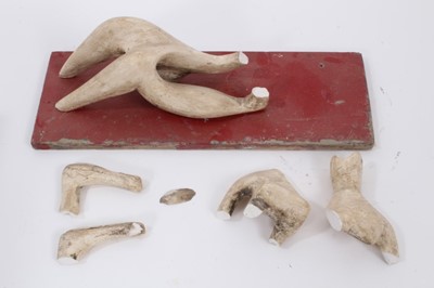 Lot 812 - Manner of Henry Moore, reclining figure (for restoration) plaster on wooden plinth, various printed labels to underside, 26cm long