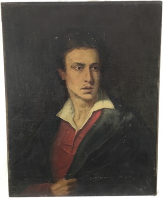 Lot 1227 - English School, 19th century, oil on canvas - portrait of a Gentleman, possibly Lord Byron, 75cm x 59cm, unframed