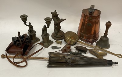 Lot 2571 - Various items including Japanese parasol, lead figures, binoculars, pocket watch, pen knife, novelty pig money box various copper and brass