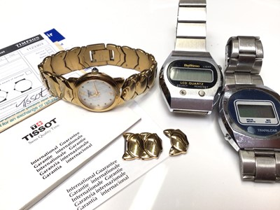 Lot 39 - Ladies Tissot gold plated wristwatch, with papers and extra links, together with a Beltime digital watch and a Trafalgar digital watch (3)