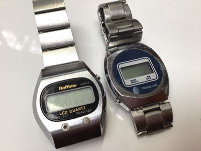 Lot 39 - Ladies Tissot gold plated wristwatch, with papers and extra links, together with a Beltime digital watch and a Trafalgar digital watch (3)