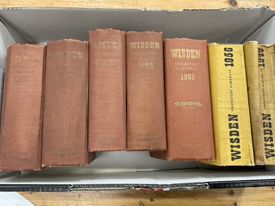 Lot 1531 - Seven Wisden Almanacks - 1949 and 1956 (both Softback), and five hardback: 1951, 1952, 1954, 1955, 1963.