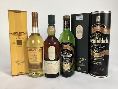 Lot 15 - Three bottles of Scottish single malt scotch whisky- Lagavulin 16 years 43% 70cl, Glenfiddich Special Reserve 40% 75cl. and Glenmoragie 10 years 40% 70cl. All boxed. (3)