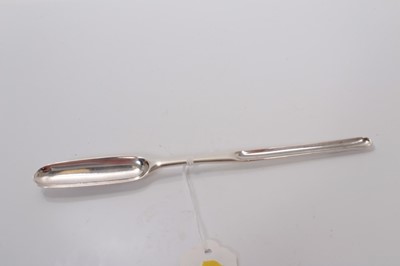 Lot 43 - George II silver double ended marrow scoop, with engraved armorial to underside, (London 1740), maker Marmaduke Daintrey, 23cm in overall length.