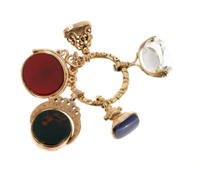 Lot 435 - Five antique gold mounted seals/fobs on a Georgian gold split ring
