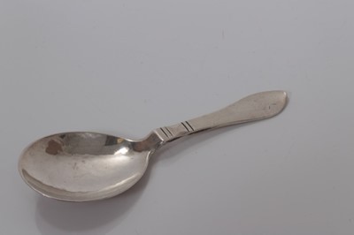 Lot 74 - Georg Jensen silver hand finished caddy spoon with tear drop handle, marked Georg Jensen 925.S, import marks for 1926, 12 cm
