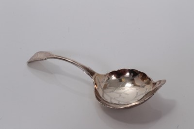 Lot 82 - Victorian silver leaf-shaped caddy spoon with bright cut veins to bowl and shell and fiddle handle, Sheffield 1878, John Round & Sons Ltd. 11cm