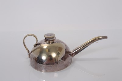 Lot 145 - Early 20th century silver plated oil can, with screw cap, stamped on base 2592. 17.5cm in length