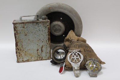 Lot 2010 - Collection of automobilia to include Two AA badges, Esso fuel can, Leyland commercial vehicle wheel cover and group of manuals (1 box).