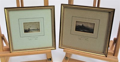 Lot 936 - Joseph Stannard (1797-1830) two coloured chalks and charcoal on paper – windmill in landscape and a wherry on the river, in glazed gilt frames, 5cm x 8.5cm and 5cm x 7.5cm. Provenance: Olivers, Sud...