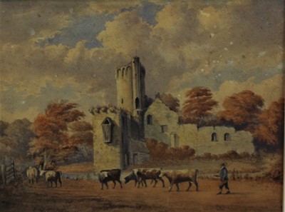 Lot 946 - Pair of 19th century Norwich School watercolours - cattle before St Benet’s Abbey and an accompanying work, in glazed frames, 23cm x 33cm and 23cm x 31cm