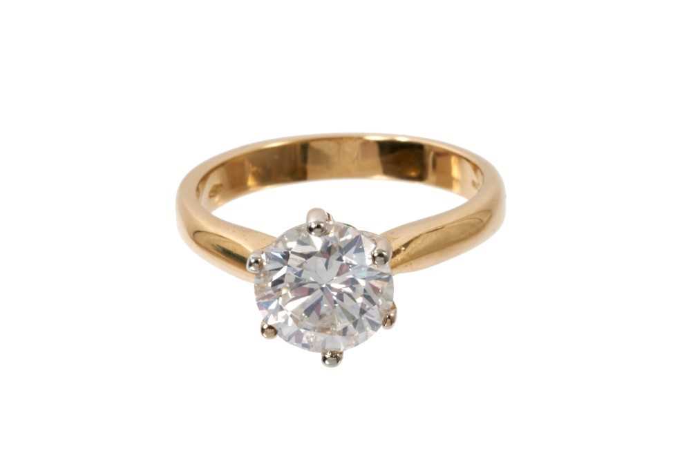 Lot 436 - Diamond single stone ring with a round brilliant cut diamond weighing approximately 2.24cts in six claw setting on 18ct yellow gold shank, accompanied by a gemological report by World Gemological I...