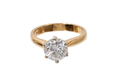 Lot 436 - Diamond single stone ring with a round brilliant cut diamond weighing approximately 2.24cts in six claw setting on 18ct yellow gold shank, accompanied by a gemological report by World Gemological I...