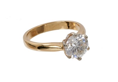 Lot 436 - Diamond single stone ring with a round brilliant cut diamond weighing approximately 2.24cts in six claw setting on 18ct yellow gold shank, accompanied by a gemological report by World Gemological I...