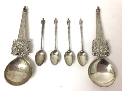 Lot 114 - Pair Continental silver marriage spoons and four silver apostle spoons