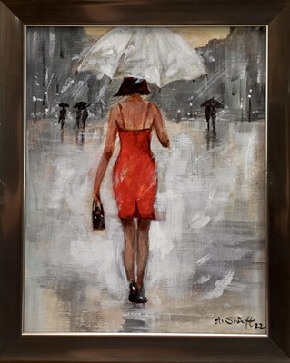 Lot 3 - Anna Swift (Contemporary) oil on canvas - 'Lady with Umbrella’, signed titled and dated '22, 24cm x 19cm, framed.