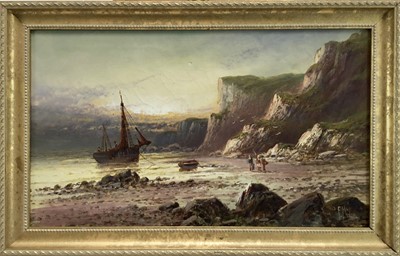 Lot 5 - Frank Hider (1861 - 1933) oil on canvas-  A seascape with fisherfolk and a moored vessel near cliffs, signed, 49cm x 29cm framed