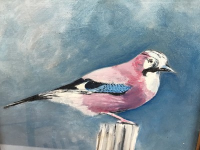 Lot 29 - David Lawrence, oil on artist board - A magpie on a post, signed, 20cm x 20cm.