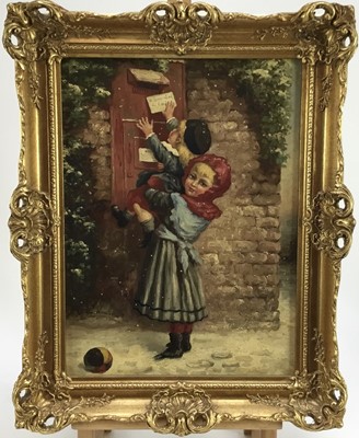 Lot 25 - Charles Hunter, mid 20th Century, oil on canvas - children posting a letter to Uncle Jack, signed, 39cm x 29cm, framed.