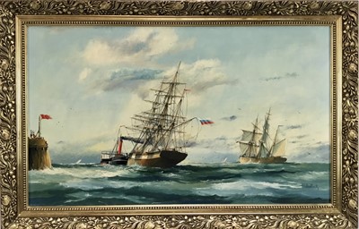 Lot 31 - Peter Whittock, oil on canvas - A ship and tug at harbour entrance, signed, 45cm x 75cm, framed
