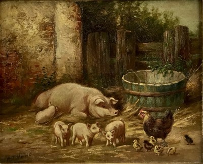 Lot 28 - H.T. Hunt circa 1900, oil on canvas - A farmyard scene with piglets, 19cm x 25cm, framed