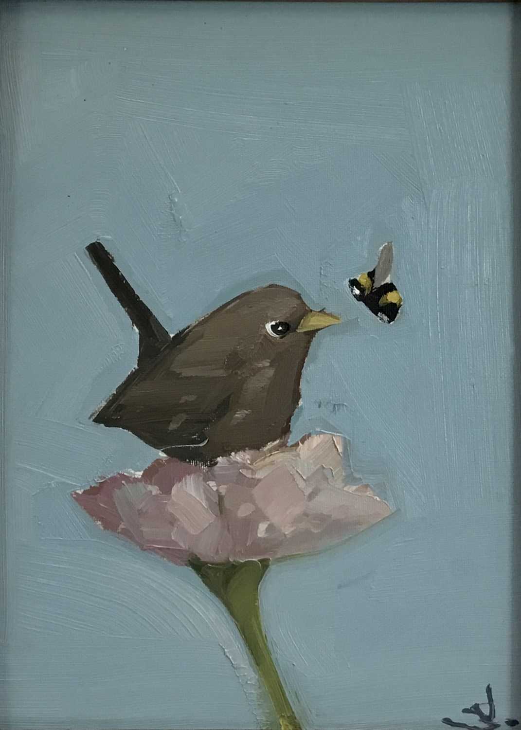 Lot 32 - Vivek Mandalia, oil on artist board - A wren on a flower and a bee, 
signed, 29cm x 21cm, framed