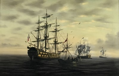 Lot 6 - Anthony Hedges, 20th century, oil on canvas - shipping at anchor, signed, 50cm x 76cm, framed