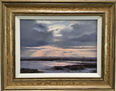 Lot 11 - James Hewitt (b. 1934) oil on canvas - 'Northey Island Causeway', signed, titled and inscribed verso 'April 10th 2008', 36cm x 26cm, framed