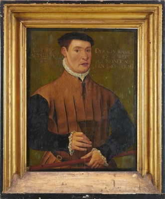 Lot 1194 - German School, mid 16th century, oil on panel - portrait of a Nobleman, titled and dated 1553. 55.5cm x 42cm, framed.