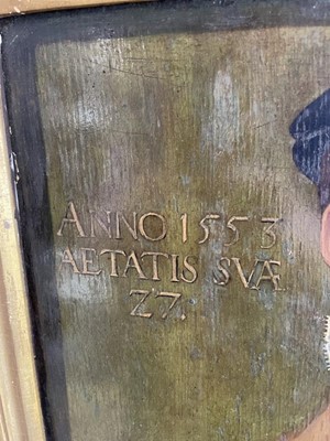 Lot 1194 - German School, mid 16th century, oil on panel - portrait of a Nobleman, titled and dated 1553. 55.5cm x 42cm, framed.