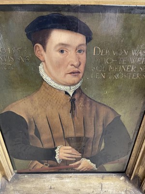 Lot 1194 - German School, mid 16th century, oil on panel - portrait of a Nobleman, titled and dated 1553. 55.5cm x 42cm, framed.