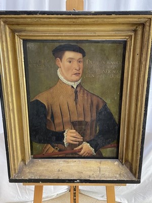 Lot 1194 - German School, mid 16th century, oil on panel - portrait of a Nobleman, titled and dated 1553. 55.5cm x 42cm, framed.