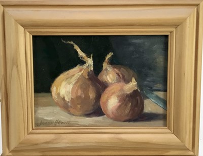 Lot 14 - James Hewitt (b. 1934) oil on card - 'Study of Onions’, signed, 18cm x 13cm, framed