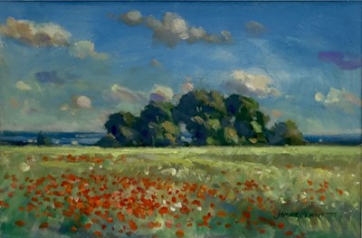 Lot 17 - James Hewitt (b. 1934) oil on card - 'Poppies in a June Landscape' Great Braxted, signed, in glazed frame.