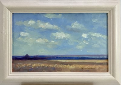 Lot 139 - James Hewitt (b. 1934) oil on board - 'The Blackwater Valley in August’, signed, 34cm x 21cm, framed